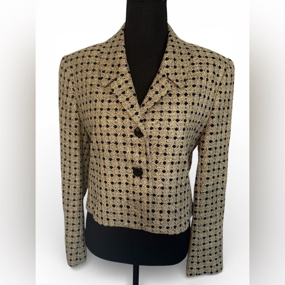 Vintage Ann May Silk Women's Black and Cream Cropped Tailored Textured Jacket